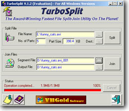 TurboSplit is a powerful ultra-fast file splitter for Windows, capable of splitting very large files into smaller pieces so that they can fit on multiple tape cartridges, CD-ROMs, ZIP diskettes, floppy disks, etc. TurboSplit is also useful when a large file is to be sent via email while the email server does not allow attachments larger than a specific size. The file can be split into multiple segments and be sent in multiple emails.